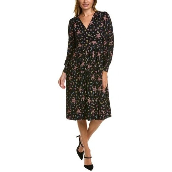 Boden Size 8 NEW Black Star & Floral Long Sleeve Fixed Wrap Jersey Midi Dress - Picture 1 of 16